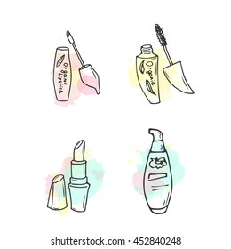 Organic cosmetics illustration. Vector cosmetic bottles. Doodle skin care items. Hand drawn set. Herbal lotion. Bio cream.