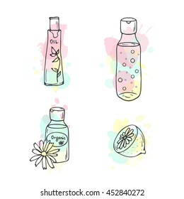 Organic cosmetics illustration. Vector cosmetic bottles. Doodle skin care items. Hand drawn set. Herbal lotion. Bio cream.