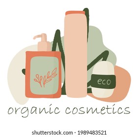Organic cosmetics, jar packaging, soap, herbal cosmetics set, flat hand-drawn style, women's things, women's hygiene, natural body care products, vector illustration