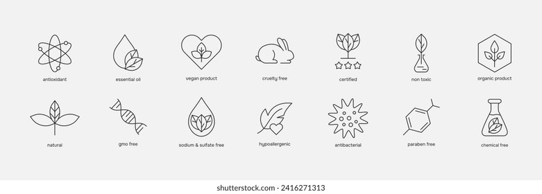 Bio-Kosmetik-Linie Symbol-Set. hypoallergene, gentechnikfreie, umweltfreundliche, grausame, natürliche, veganische Zeichen. Abzeichen für Kosmetikprodukte. Vektorgrafik