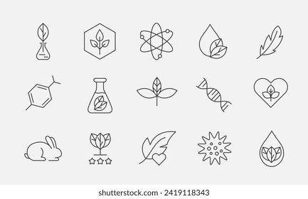 Bio-Kosmetik-Linie Symbol-Set. hypoallergene, gentechnikfreie, umweltfreundliche, grausame, natürliche, veganische Zeichen. Abzeichen für Kosmetikprodukte. Vektorgrafik