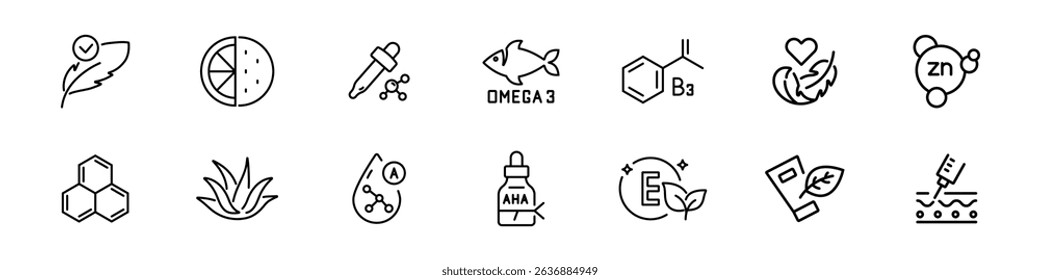 Organic cosmetics line icon set. Hypoallergenic, Eco friendly cruelty free, natural, vegan signs. Badges for beauty product. Vector illustration