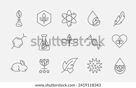 Organic cosmetics line icon set. Hypoallergenic, GMO free, Eco friendly cruelty free, natural, vegan signs. Badges for beauty product. Vector illustration