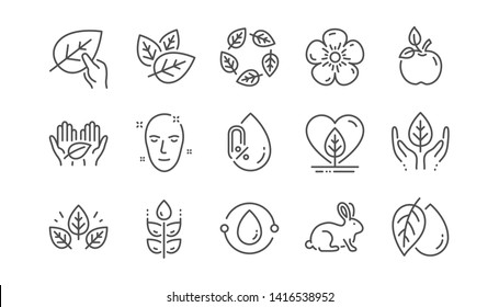 Organic cosmetics line icons. No alcohol free, synthetic fragrance, fair trade. Sustainable textiles, animal testing, eco organic icons. Linear set. Vector