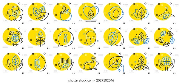 Organic cosmetics line icons. No alcohol free, synthetic fragrance. Slow fashion, sustainable textiles icons. Fair trade, eco organic cosmetics. Gluten free, animal testing. Info center bubble. Vector