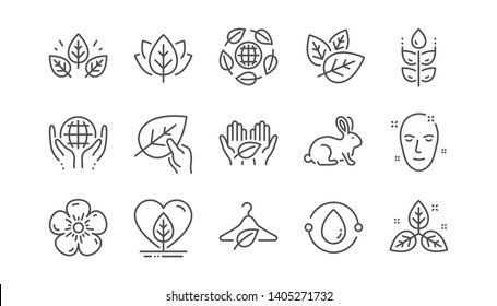 Organic cosmetics line icons. Slow fashion, synthetic fragrance, fair trade. Sustainable textiles, animal testing, eco organic icons. Linear set. Vector