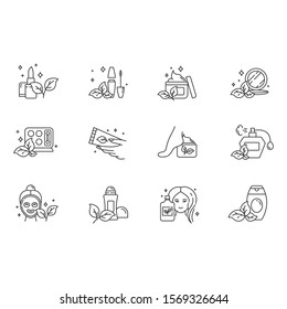 Organic cosmetics linear icons set. Lipstick. Mascara. Cream, lotion. Perfume. Eco products. Haircare, makeup items. Thin line contour symbols. Isolated vector outline illustrations. Editable stroke