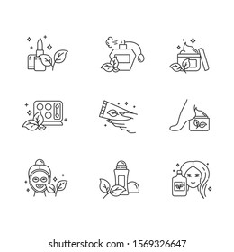 Organic cosmetics linear icons set. Lipstick. Perfume. Skincare cream. Eyeshadow kit. Facial mask. Shampoo. Deodorant. Thin line contour symbols. Isolated vector outline illustrations. Editable stroke