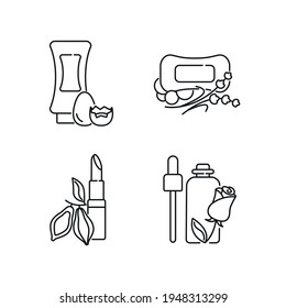 Organic cosmetics linear icons set. Natural Make up. Thin line customizable illustration. Contour symbol. Vector isolated outline drawing. Editable stroke