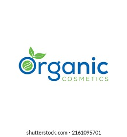 Organic Cosmetics Logo Design Vector Illustration Template. Green Leaf Icon And Blue