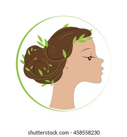 Organic cosmetics logo with woman face and leaves. Eco and natural cosmetics sign. Hair care cosmetics logo
 - Shutterstock ID 458558230