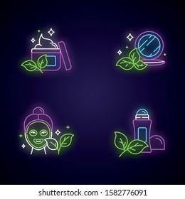 Organic cosmetics neon light icons set. Face cream. Pressed makeup powder. Face mask. Deodorant, antiperspirant. Paraben free beauty products. Skincare. Glowing signs. Vector isolated illustrations