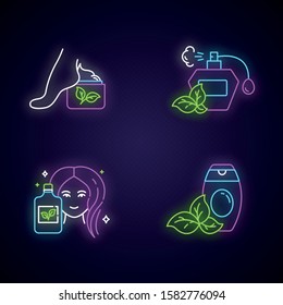 Organic cosmetics neon light icons set. Foot cream, lotion. Perfume, fragrance. Shower gel, body wash. Natural skincare items. Eco bodycare products. Glowing signs. Vector isolated illustrations