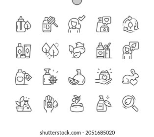 Organic cosmetics. Not tested on animals. Shampoo, soap, cream. Natural cosmetic for skin. Beauty and hygiene. Pixel Perfect Vector Thin Line Icons. Simple Minimal Pictogram