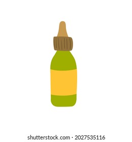 Organic cosmetics package bottle. Illustration with bottle for shampoo, lotion, conditioner, liquid soap in cartoon doodle style. Green design with stylized packaging. Template for banner, poster, fly