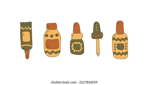 Organic cosmetics packaging, bottles cartoon set. Natural cosmetics fluid containers hand drawn doodles. Herbal face care products liquid collection. Isolated funny bottles in retro 60s 70s style