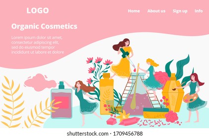 Organic cosmetics and parfumes from flowers, plants extracts for girls, beauty webpage flat cartoon vector illustration. Cosmetology and natural plants extracts perfumers web landing page.