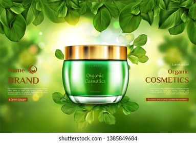 Gâteau de produit cosmétique biologique sur fond vert flou, encadré de feuilles d'arbres. Modèle de promotion publicitaire pour le magazine, crème de soins naturels éco-cosmétiques pour la peau Illustration vectorielle 3d réaliste