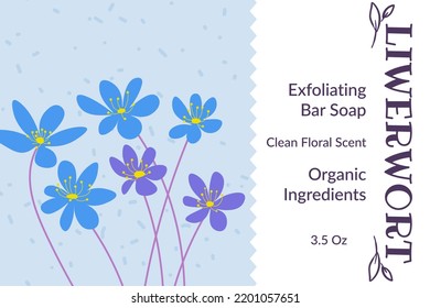 Organic cosmetics products for body and face skin. Liverworts exfoliating bar soap with an organic floral scent and ingredients. Banner or emblem for a product packages. Vector in flat style