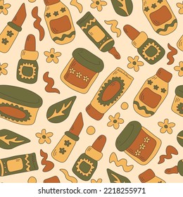Organische Kosmetikprodukte nahtlos Muster Retro-Stil. Cartoon doodle Hintergrund mit fallendem Kosmetik und Make-up-Produkte Zeichnungen in 60er 70er Jahre Vintage-Stil. Wiederholte Vektorgrafik