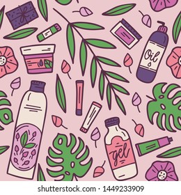 Organic cosmetics seamless pattern. Beauty set. Hand-drawn spa and aromatherapy elements. Cartoon vector sketch of natural cosmetic.

