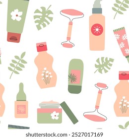 Organic cosmetics seamless pattern. Jars, bottles, tubes, facial roller, green leaves. Skin and body everyday care, beauty routine. Background, wallpaper, digital paper. 