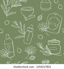 Organic Cosmetics seamless pattern olive background. Hand drawn natural cosmetic background. Vector illustration in doodle style. Included elements; herbs, bottles, mask, lavender, cream, chamomile.
