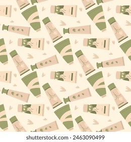 Organic cosmetics seamless pattern. Skincare lotion beauty tubes repeat cover. Moisturizing vegan products endless background. Flat vector illustration.
