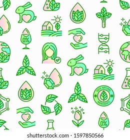 Organic cosmetics seamless pattern with thin line icons for product packaging. Cruelty free, 0% alcohol, natural ingredients, paraben free, eco friendly, no mineral oil, non GMO. Vector illustration.