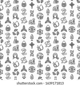 Organic cosmetics seamless pattern with thin line icons for product packaging. Cruelty free, 0% alcohol, natural ingredients, paraben free, eco friendly, no mineral oil, non GMO. Vector illustration.