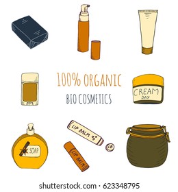 Organic cosmetics set in hand drawn style for web, print and creative design. Isolated vector illustration