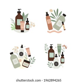 Organic cosmetics set. Hand and face cream. Body lotion, floral ellements. 