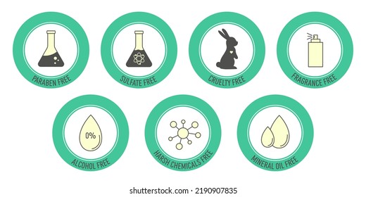 Organic Cosmetics Set Of Icons For Product Packaging. Paraben, Sulfate, Cruelty, Fragrance, Alcohol, Harsh Chemicals, Mineral Oil Free.Flat Vector Illustration 