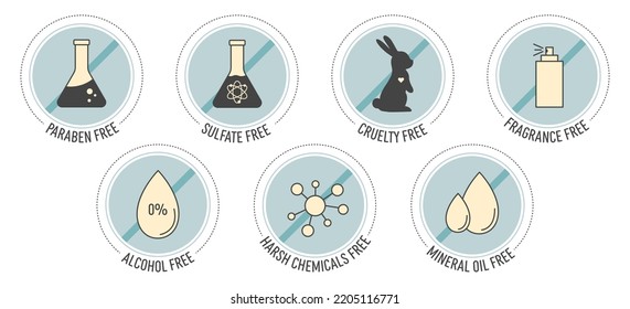 Organic cosmetics set of icons for product packaging. Paraben, sulfate, cruelty, fragrance, alcohol, harsh chemicals, mineral oil free.Flat vector illustration