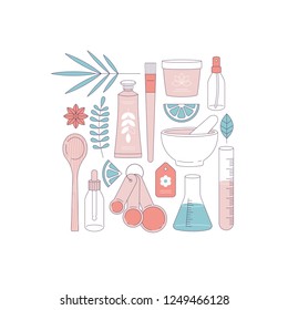 Organic cosmetics set. Making organic natural product. Hand cream, face cream containers, laboratory glass equipment, ingredients. Vector illustration