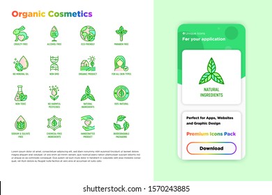 Organic cosmetics set. Mobile app interface. Thin line icons for product packaging. Cruelty free, 0% alcohol, natural ingredients, paraben free, eco friendly, no mineral oil. Vector illustration.