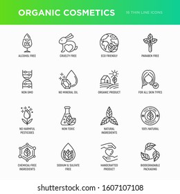 Organic cosmetics set of thin line icons for product packaging. Cruelty free, 0% alcohol, natural ingredients, paraben free, eco friendly, no mineral oil, non GMO. Modern vector illustration.