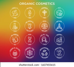 Organic cosmetics set of thin line icons for product packaging. Cruelty free, 0% alcohol, natural ingredients, paraben free, eco friendly, no mineral oil, non GMO. Modern vector illustration.