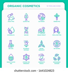 Organic cosmetics set of thin line icons for product packaging. Cruelty free, 0% alcohol, natural ingredients, paraben free, eco friendly, no mineral oil, non GMO. Modern vector illustration.