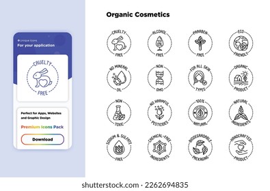 Organic cosmetics set of thin line icons for product packaging. Cruelty free, 0% alcohol, natural ingredients, paraben free, eco friendly, no mineral oil, non GMO. Modern vector illustration.