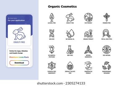 Organic cosmetics set of thin line icons for product packaging. Cruelty free, 0% alcohol, natural ingredients, paraben free, eco friendly, no mineral oil, non GMO. Modern vector illustration.