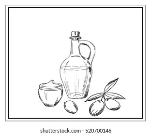 Organic cosmetics sketch. Doodle natural cosmetics, essential oils. Hand drawn work.  Healthy lifestyle. Cream face handmade. Vector eps10. Spa.