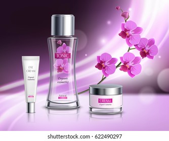 Organic cosmetics skincare products realistic composition  advertisement poster with natural flowers extract  tonic vibrant violet background vector illustration