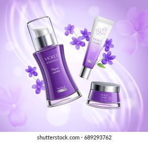 Organic cosmetics skincare products realistic  composition poster with violets extract essence creme dispenser colorful background vector illustration 