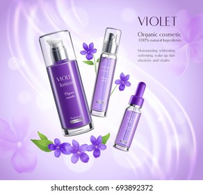 Afiche publicitario realista de los productos cosméticos ecológicos con extracto violeta dispensador de loción colorido ilustración vectorial