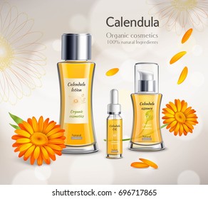 Organic cosmetics skincare products realistic advertisement poster with calendula extract essence lotion and oil background vector illustration 