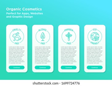 Organic cosmetics symbols. Mobile user interface with thin line icons. Cruelty free, alcohol free, eco friendly, paraben free. Template with copy space. Vector illustration.