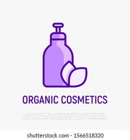 Organic cosmetics thin line icon: glass bottle with dispenser and leaf sign. Modern vector illustration for beauty shop.