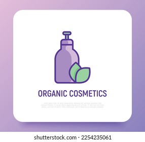 Organic cosmetics thin line icon: glass bottle with dispenser and leaf sign. Natural skin care. Modern vector illustration for beauty shop.