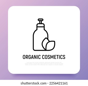Organic cosmetics thin line icon: glass bottle with dispenser and leaf sign. Natural skin care. Modern vector illustration for beauty shop.